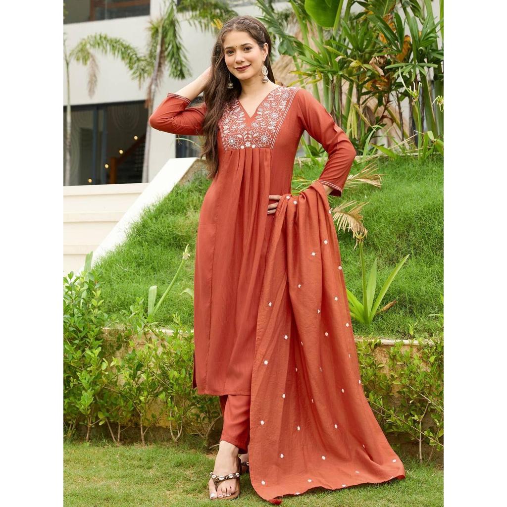 Women's Rayon Embroidered Flared Kurta with Pant And Dupatta Sets