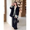 Korean Fashion Denim Blazer Wide Leg Pants Two Piece Set Women Spring Autumn Office Suit