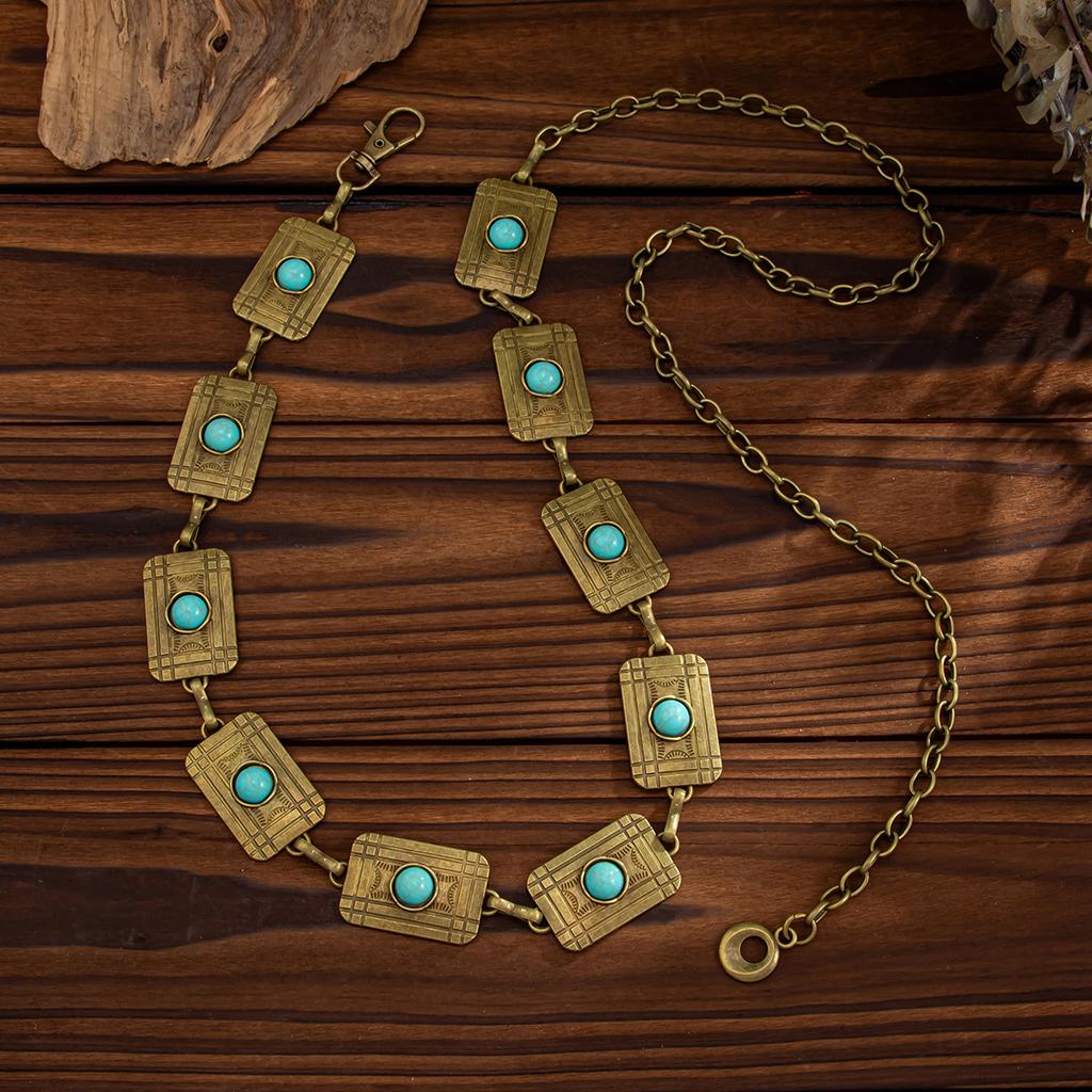 Retro Turquoise Tailleketting voor Dames Boheemse Decoratie Vintage Verstelbare Buik Tailleketting Geschikt voor Rokken Jurk Sieraden Cadeau