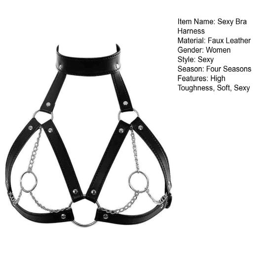 Yousheng Sexy Bra Harness Hollow Out Adjustable Chain Metal Ring Black Nightclub Performances Props Faux Leather Women Sexy Cage Cupless Bra for Home
