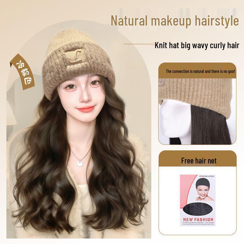 Women's Fashionable Knitted Wool Hat with Realistic Non-Detachable Wig for Autumn/Winter 2025