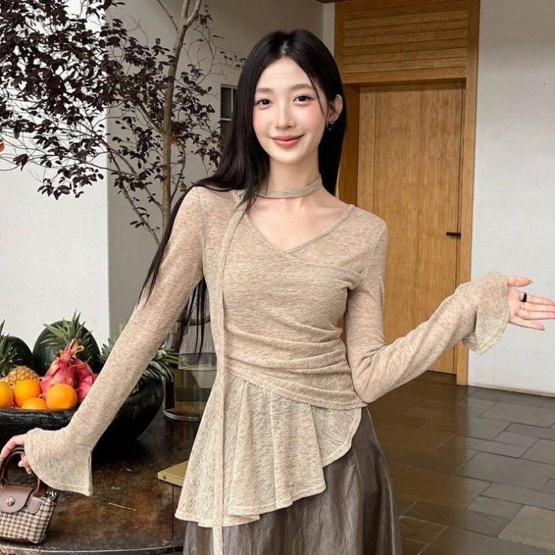 Autumn New Design Irregular Waist T-shirt Niche Elegant Ribbon Top for Women