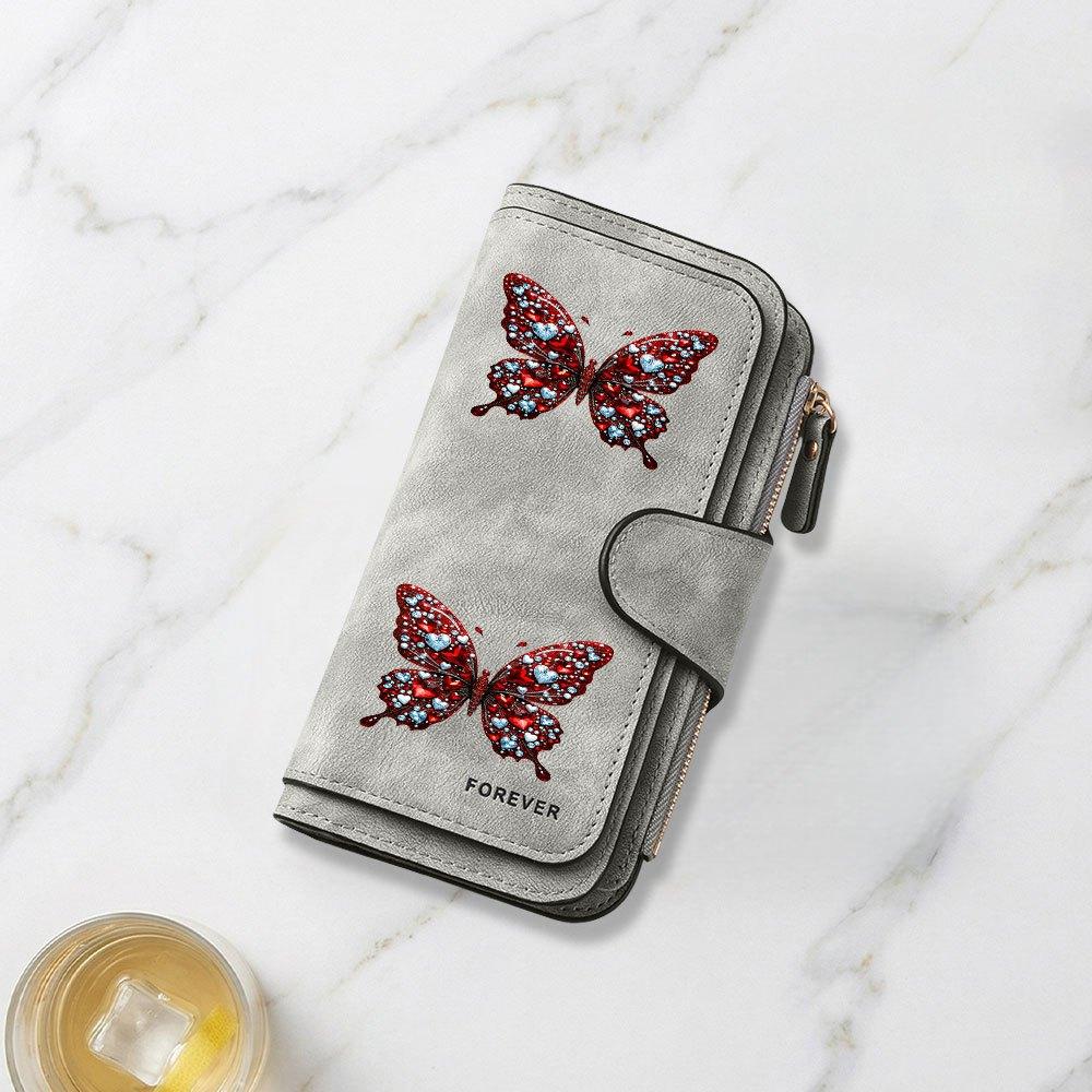 Jeweled Heart and Butterfly Print Long Wallet Multifunctional Portable Coin Purse With Clasp Large Capacity Clutch Bag Perfect For Daily Commuting