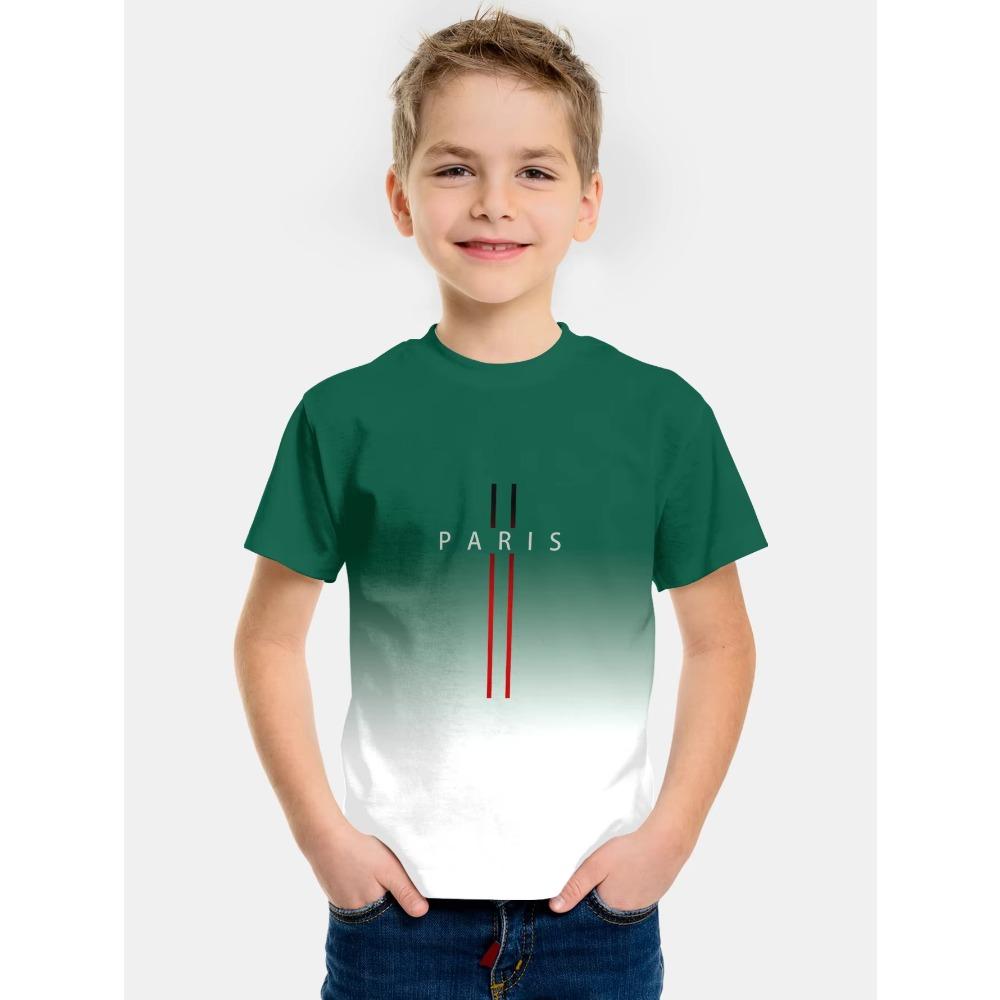 Kids Clothes Gradient Paris Printed T-Shirt Summer Outdoor Boys Girls Casual Short Sleeve Fashion Trend Street Child Top