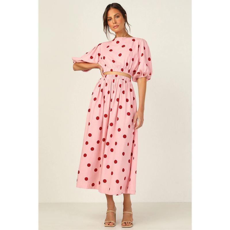 

Модный стиль Модный Элегантный Весенне-летний Новое поступление С высокой талией Стройнящий А-силуэт С принтом V-образный вырез С принтом в горошек С коротким рукавом Костюм Pink S