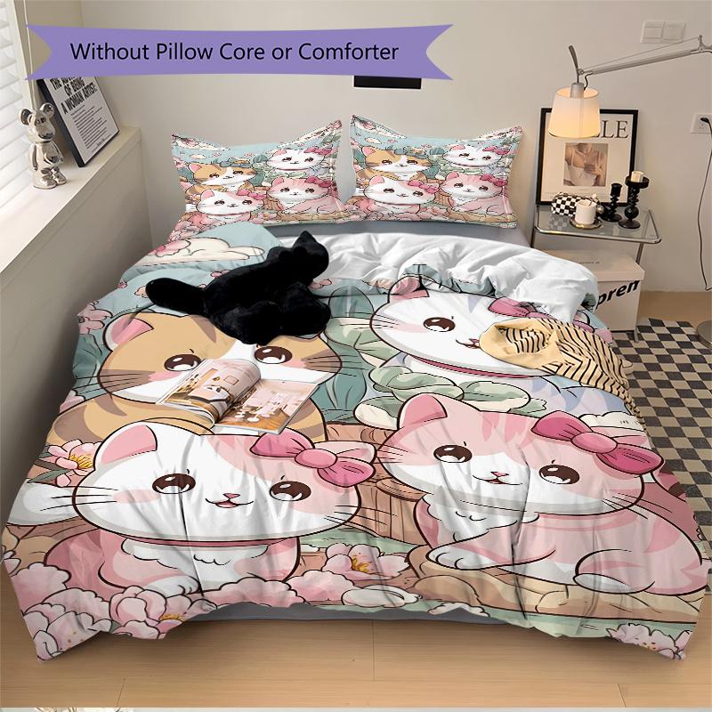 3pcs Cartoon Cute Four Kittens Printed Duvet Cover Set (1 * Cover+2 * Pillowcase, Without Core), Suitable for Home Bedroom, Guest Room, Dormitory