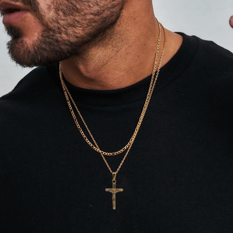 Jesus Cross Gold Plated Stainless Steel Pendant Necklace For Men Unisex Religious Waterproof Jewelry Accessories