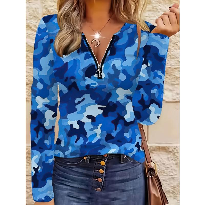 Army green blue camouflage V-neck zipper top for women