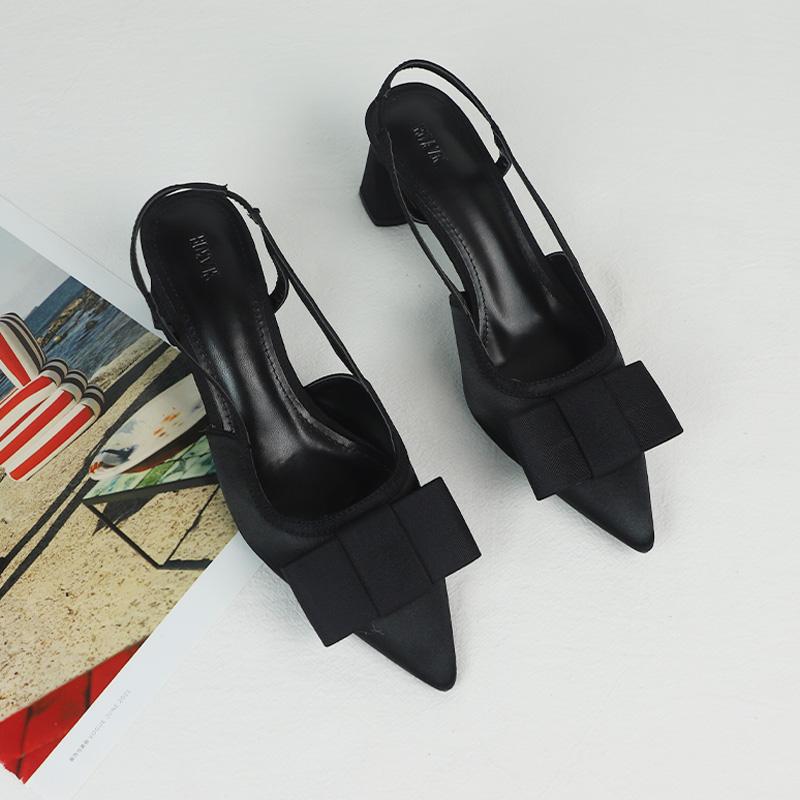Fashion Black High Heeled Slingback Shoes for Women 2025 Summer Elegant Pointed Toe Butterfly-knot Design Ladies Dress Office Pumps