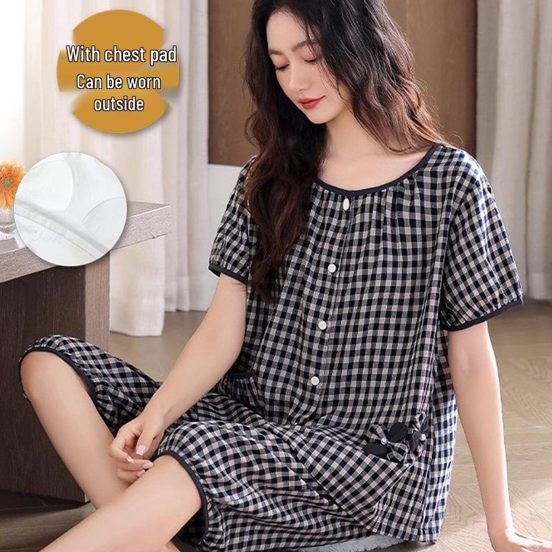 

2026 Women s Summer Pajama Set: Cardigan Style, Built-in Bra, Short Sleeves & Cropped Pants, High-End Sweet Home Wear Women s XXL [125-140 pounds]