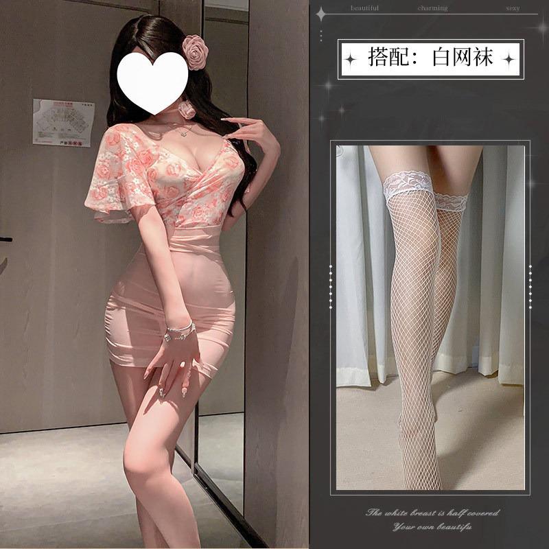 Sex Underwear Pure Desire Wind Nightdress Halter Hip Skirt Nightclub Floral Sexy Temptation Deep Uniform Suit Perspective