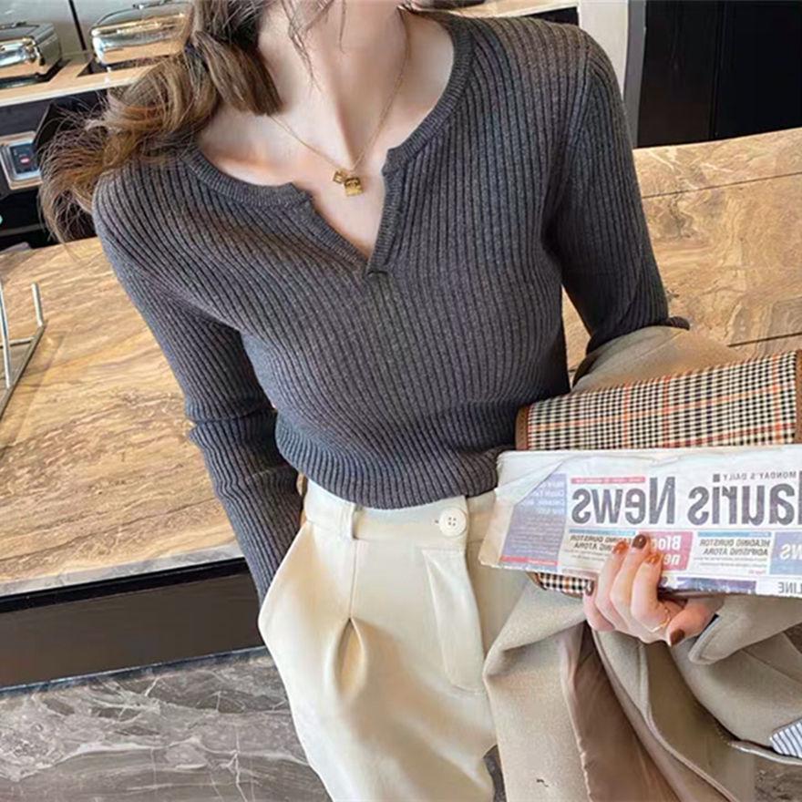 

Универсальный трикотажный базовый свитер с V-образным вырезом для женщин, весна-осень-зима, новый стиль, облегающий свитер в западном стиле, длинный рукав, внутренний верх, модный one size серый