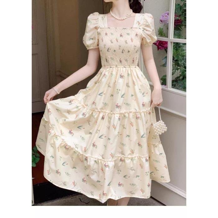 Gentle wind French square collar floral dress women's summer annual temperament vacation dress long