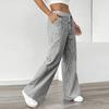 Pantalon Casual Rayé Ample à Taille Serrée Jambes Larges pour Femme avec Poches pour un Port Quotidien Confortable