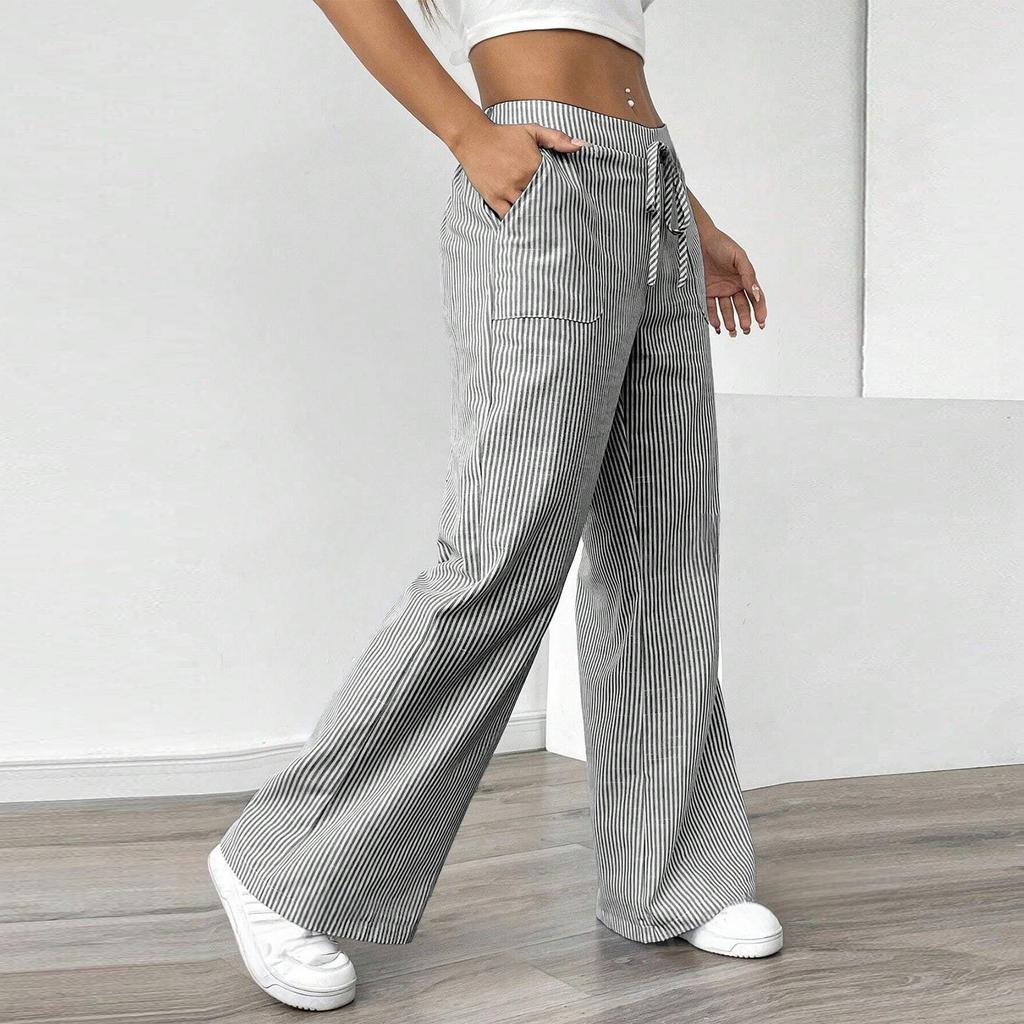 Pantalon Casual Rayé Ample à Taille Serrée Jambes Larges pour Femme avec Poches pour un Port Quotidien Confortable