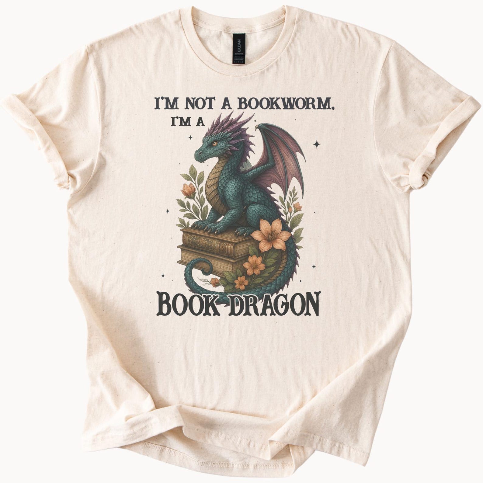 Book Dragon Graphic T Shirt Fantasy Dragon Sitting on Books Reading Lover Shirt Bookworm Gift Literary Tee Flower Art Shirt 130