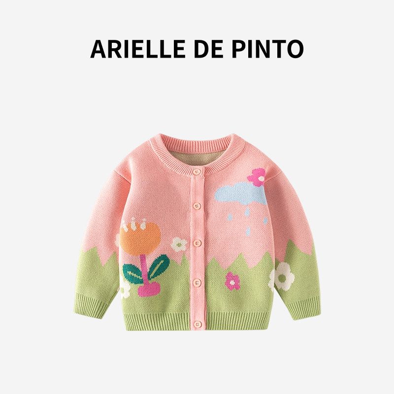 Французская Arielle De Pinto Детская Вязаная Одежда Зимний Свитер Пасторальный Стиль Жаккардовый Вязаный Кардиган для Девочек Bean Paste Powder-Bd841 80