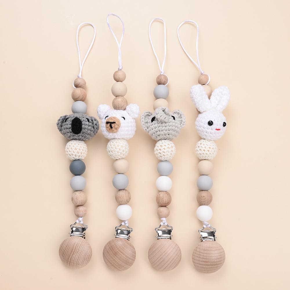 Baby Anti Drip Silicone Bead Chain Care Handmade Wood Teether Nipple Chain Teether Chain Clip Teething Chew Toys