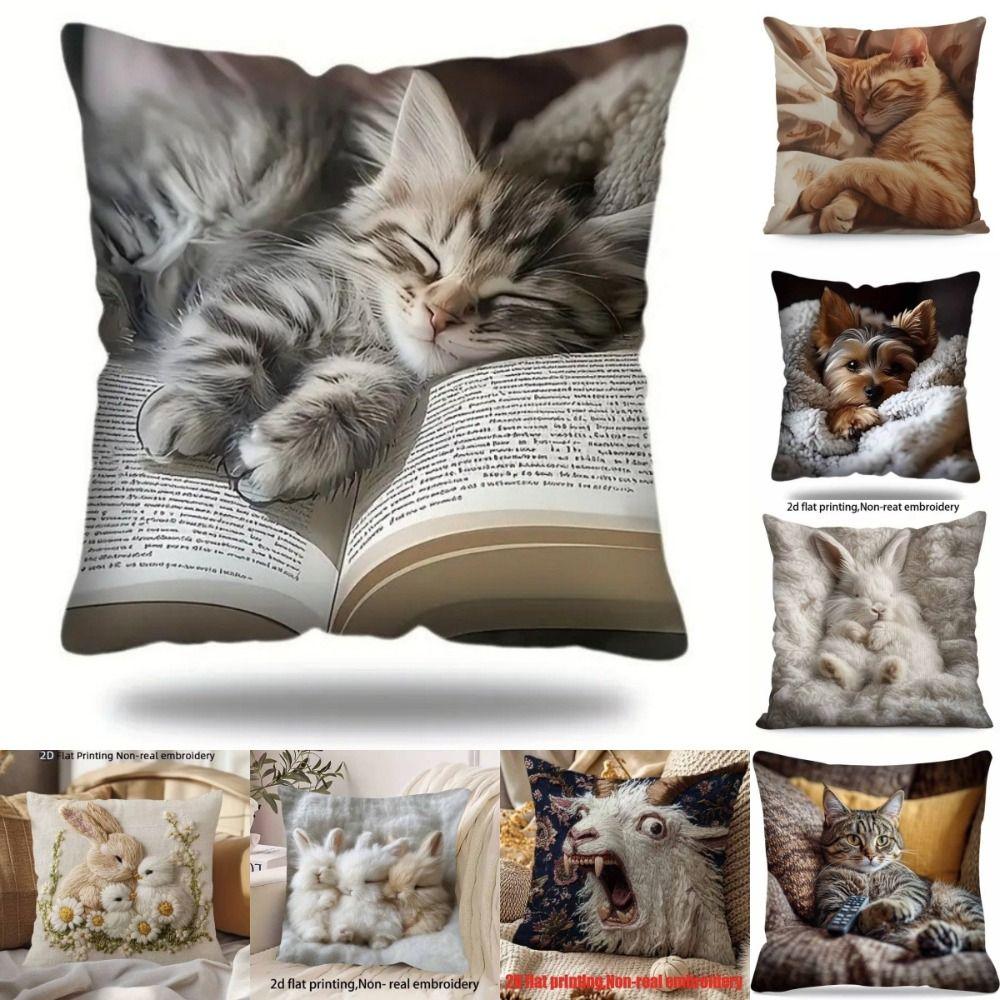 New Super Soft Pillowcase 2D Pattern Simulated Embroidery Cushion Cover Rabbit Cats Sheep 18x18in Sofa Pillow Cover Home Decor