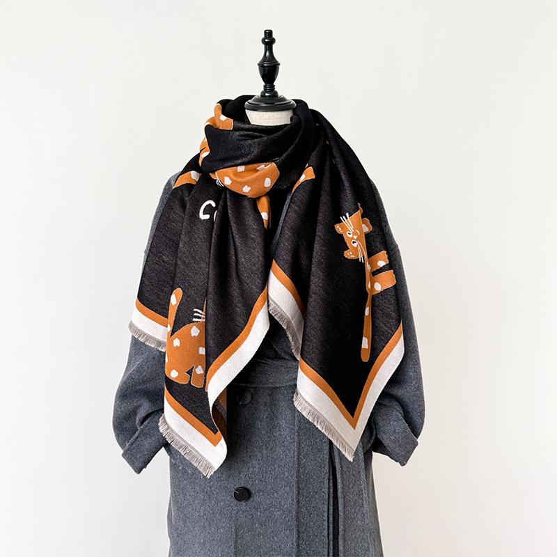 Winter Imitation Cashmere Scarf Women'S Double-Sided Cartoon Cat Shawl Warm Long Sweet And Cute Fringed Dual-Purpose Scarf
