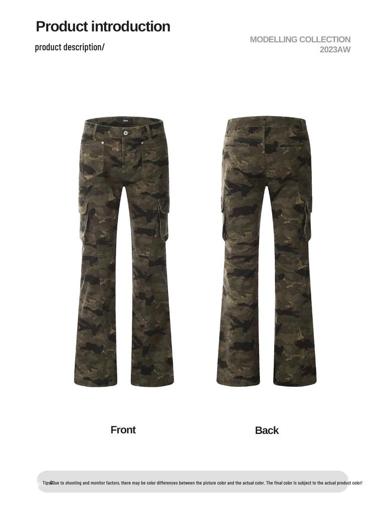 Unisex American Retro Camo Slim Fit Multi-Pocket Jeans with Micro Flare