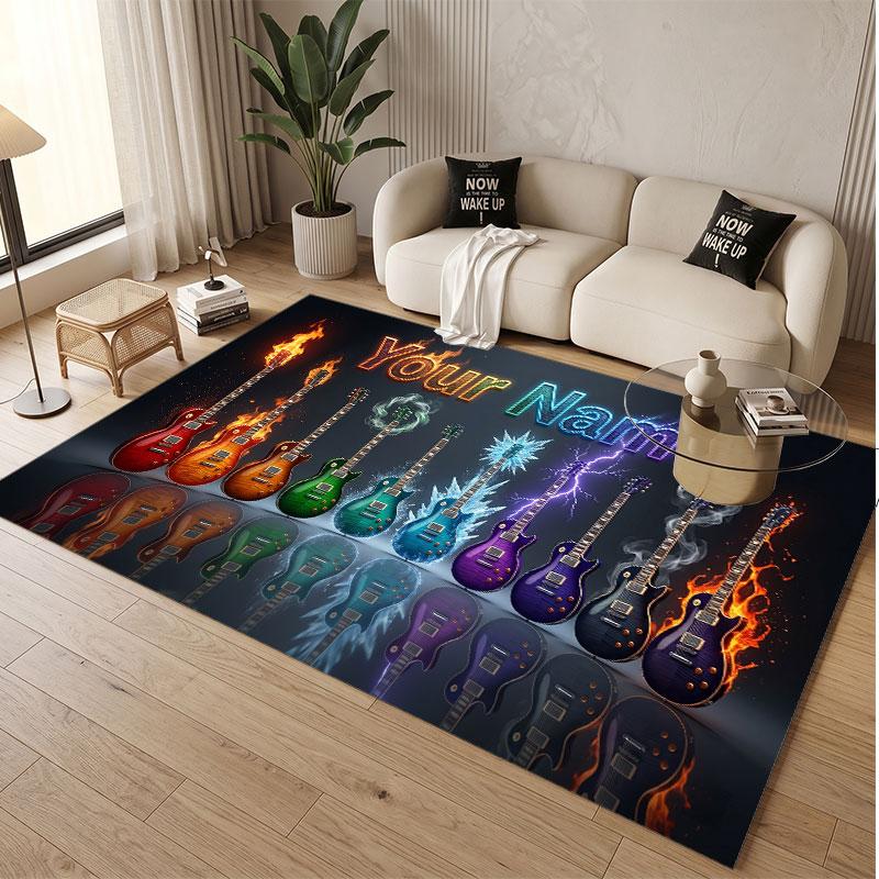 Alfombra de Terciopelo de Cristal Suave con Tema de Guitarra Musical Impresión de Nombre y Texto Personalizados Alfombra de Piso Antideslizante para Dormitorio Sala de Estar