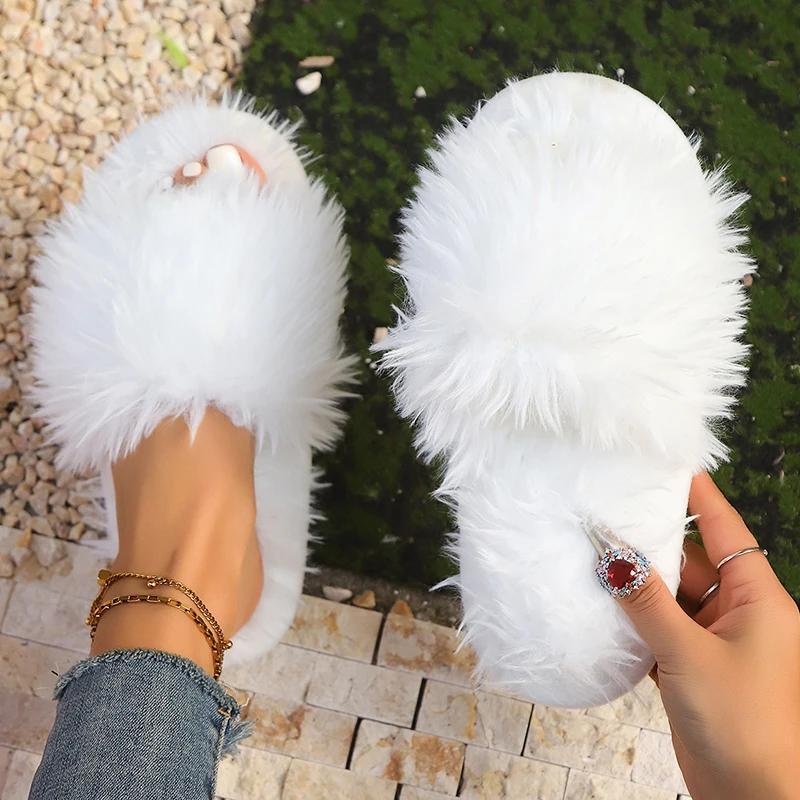 Fashion New Autumn Winter Women Fashion Faux Fur Slippers Solid Color Comfort Indoor Home Slippers Woman Lightweight Warm Fluffy Slides
