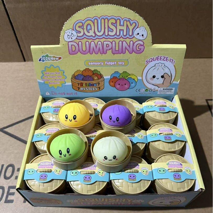 Cute Cartoon Bun Squishy Toy With Mini Bamboo Steamer Box Slow Rising Dumpling Squishies Multicolor Squeeze Toy