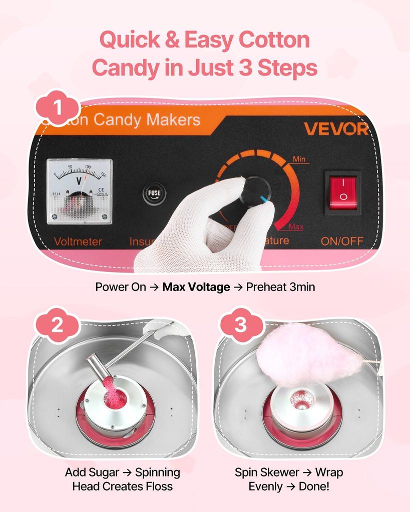 Electric Cotton Candy Machine, 1000W Electric Floss Maker With Cover, Commercial Cotton Candy Machine w/Stainless Steel Bowl & Sugar Scoop, Ideal for