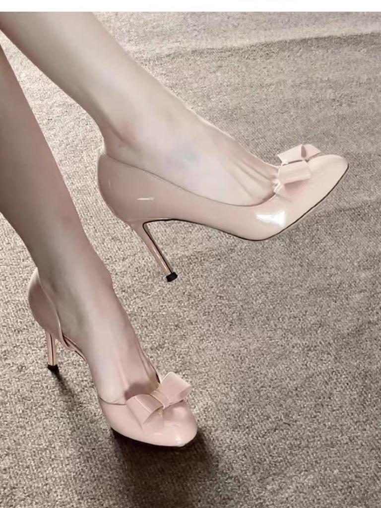 Side Space Sexy Nude High Heels Women's Stiletto Temperament Nude Patent Leather Single Shoes 2025 New Spring and Autumn Bow