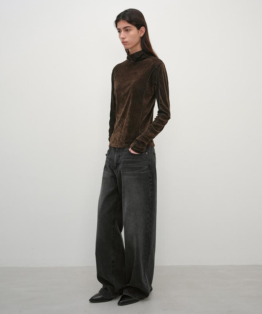 INSILENCE WOMEN Velvet Mesh Turtleneck T-Shirt Brown