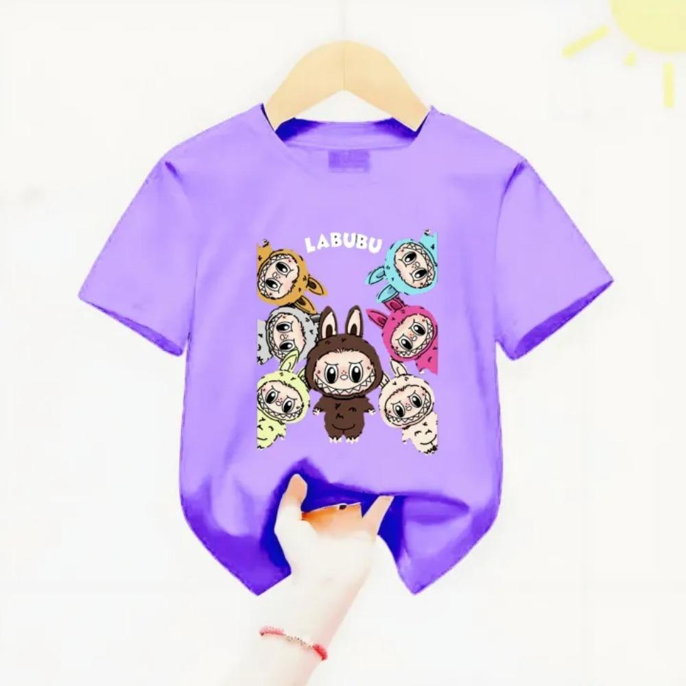 

Летняя детская футболка с мультяшным принтом Labubu для девочки, с круглым вырезом, с коротким рукавом, повседневная, многоцветная, детская футболка 100