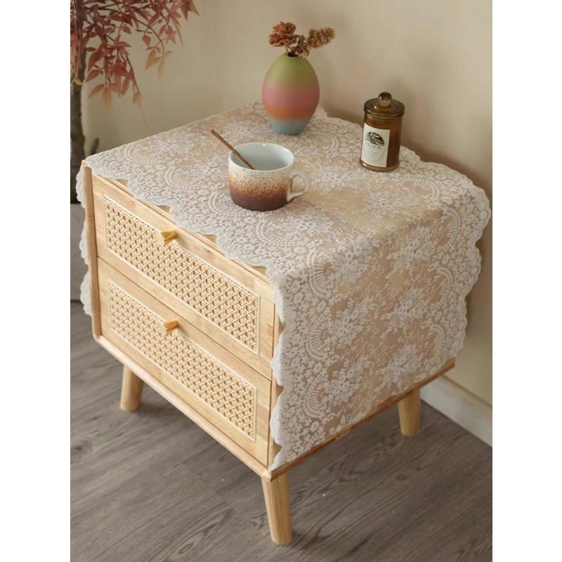 1pc French Vintage Lace Table Runner, White Embroidered Bedside Cabinet Cover