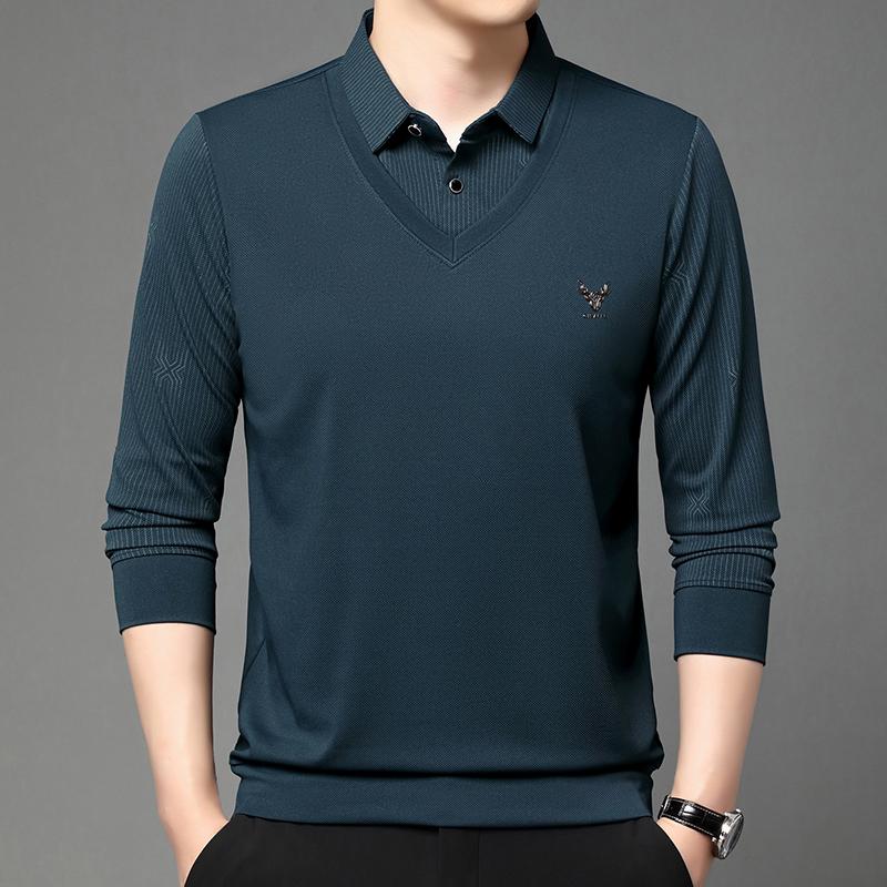 Autumn New Men'S Luxury Brand Embroidered Long Sleeved Polo Shirt Striped Fake Two-Piece  Soft Lapel T-Shirt Men'S Clothing