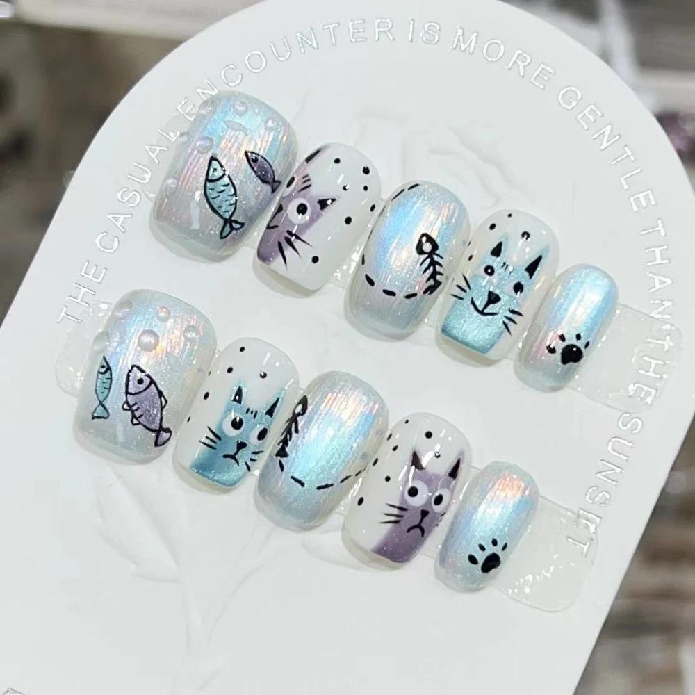 Summer Sweetheart Handmade Full Cover False Nails Kawaii Cartoon Cat Flower Cat Eye Short Square Reusable Fake Nail Stickers