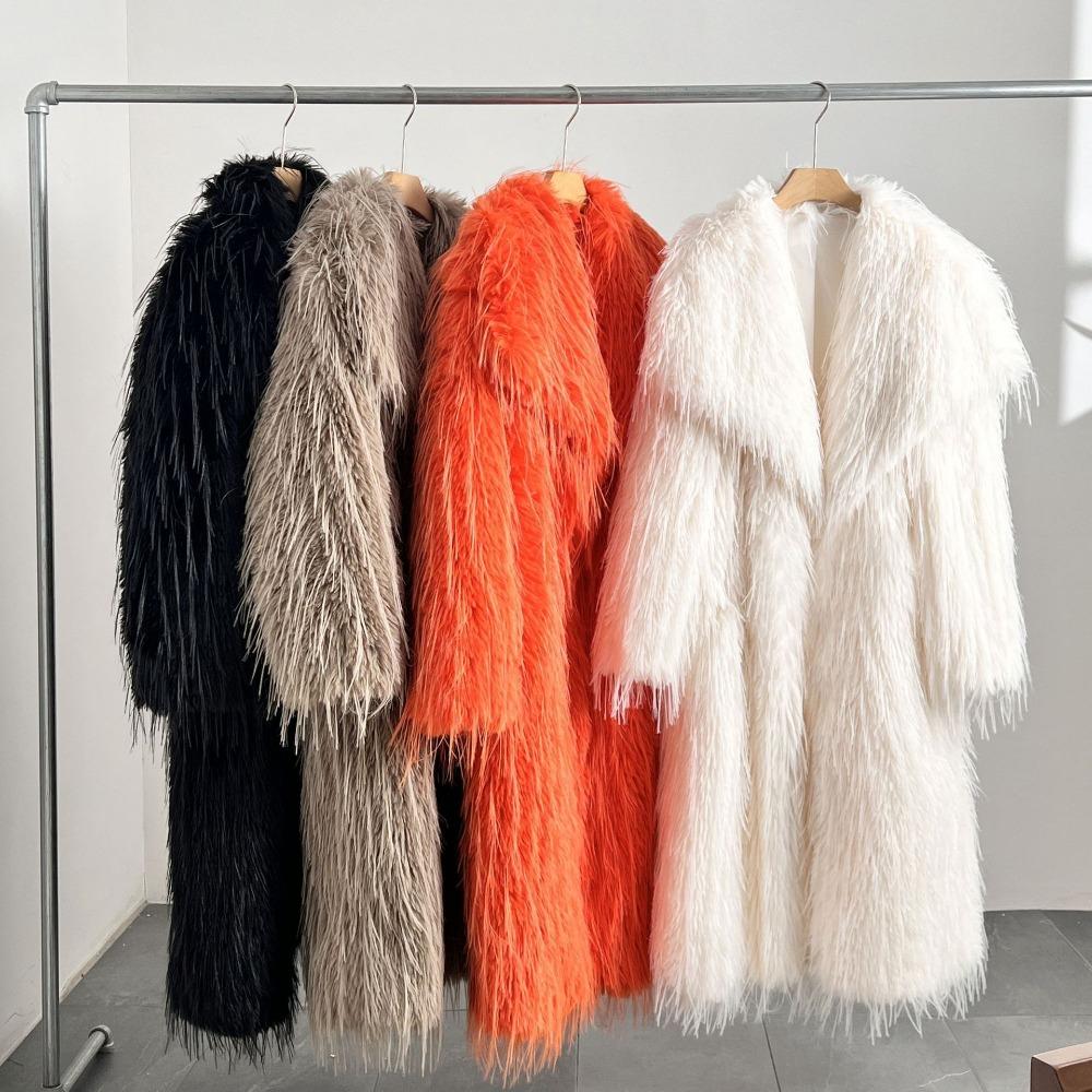 Women's Notched Collar Long Sleeve Fringed Faux Fur Coat Loose Fit Urban Style Overcoat