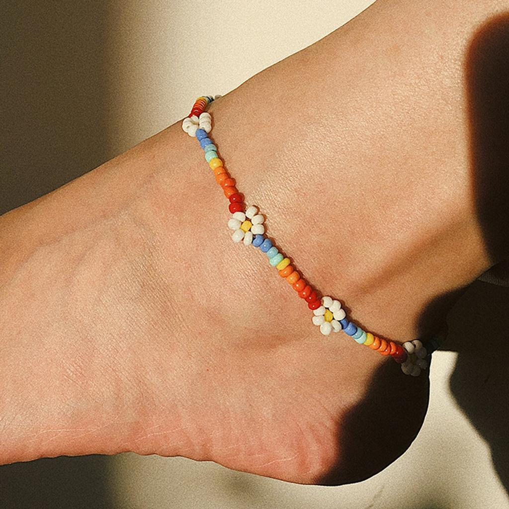 Colorful Rice Beads Handmade Beaded Necklace, Simple Daisy Small Flower Necklace Neck Chain For Women