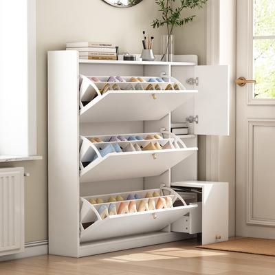Versatile Tilt Shoe Cabinet with 3 Flip Drawers, Freestanding Shoe Rack with Fold-Down Bench for the Hallway, White, 119*24*122