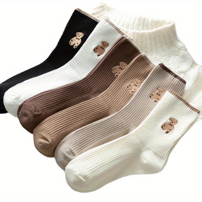 5 Pairs Women's Mid-Calf Socks - Cute Cartoon Bear Design, Soft All-Season Comfort, Coffee & Beige Striped Pattern, Comfortable Sock Material
