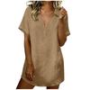 Women V Neck Short Sleeve Collared Shirt Mini Dress Linen Cotton Casual Beach Holiday Loose Fit Tunic Dress for Summer