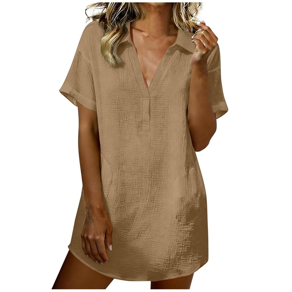 Women V Neck Short Sleeve Collared Shirt Mini Dress Linen Cotton Casual Beach Holiday Loose Fit Tunic Dress for Summer