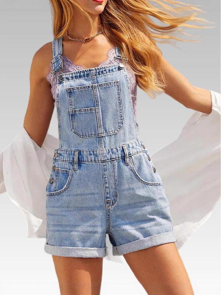 Salopette Corta in Denim da Donna Americano-Europea con Tasche - Vestibilità Slim, Trendy e Cool - Estate 2025