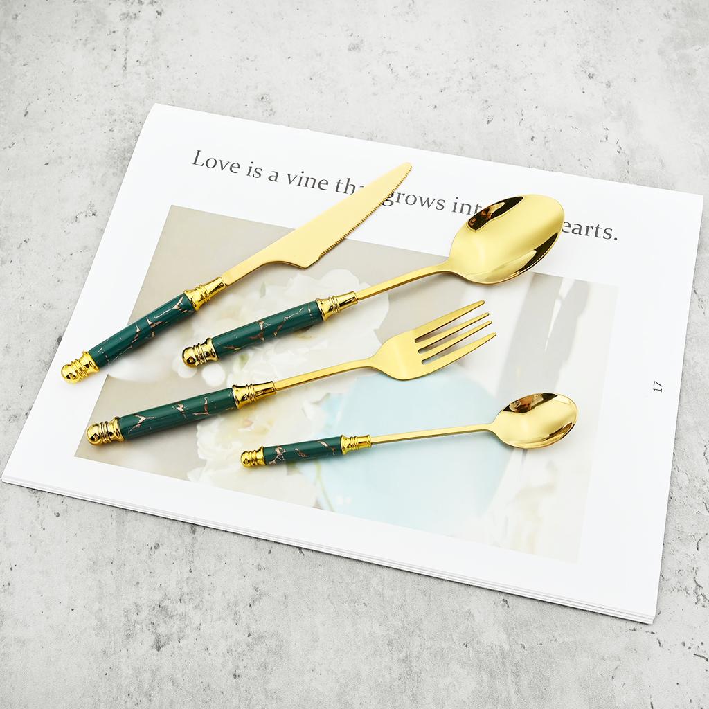 Juego de cubiertos dorados con mango de cerámica de imitación, vajilla de acero inoxidable 304, cuchillos, tenedores, cuchara con soporte para cubiertos, 24 Uds.