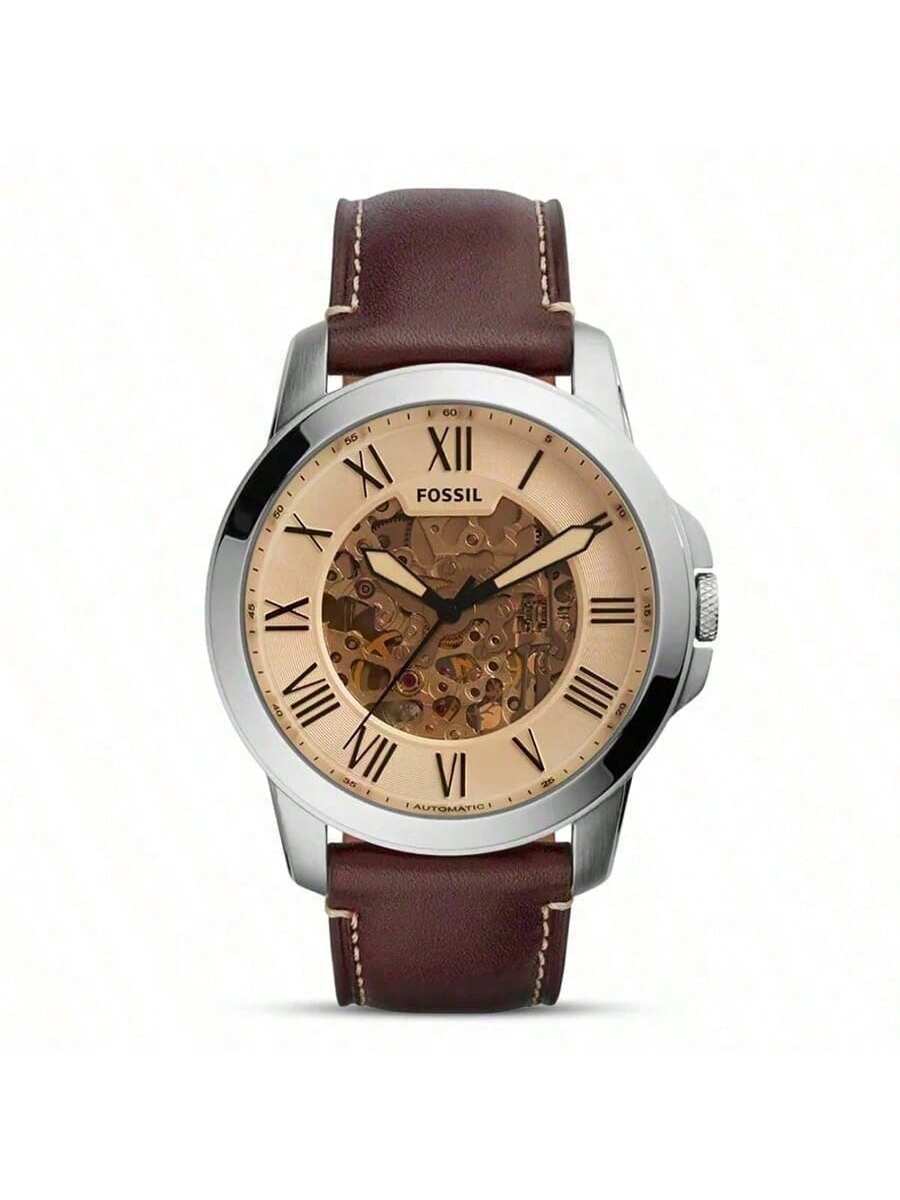 

Fossil Grant Automatic Men s Watch, Hollowed Out Disc, Leather Strap, Retro Casual Style, Suitable For Daily Wear,Gift For Men ME3122 коричневый