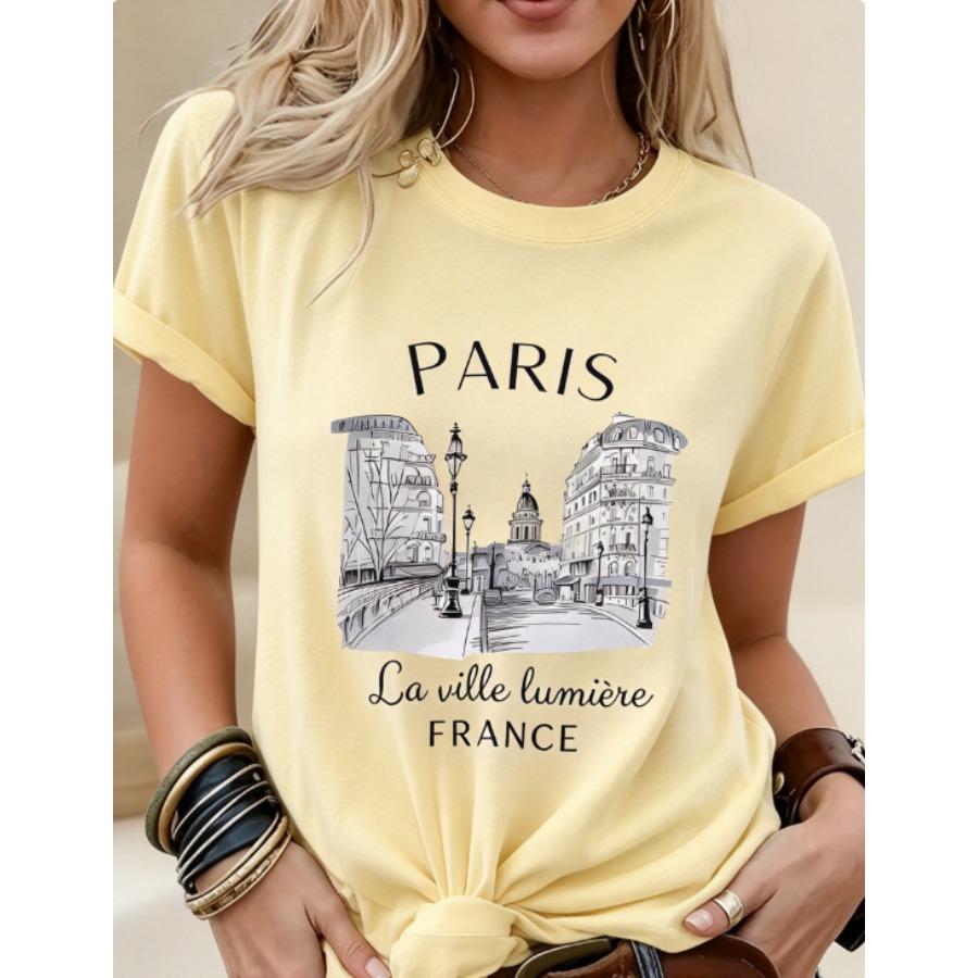 Daily Wear Basic Top Tee Fashion New Women Crew Neck Short Sleeve T-Shirt, Loose Casual Paris Graphic Print