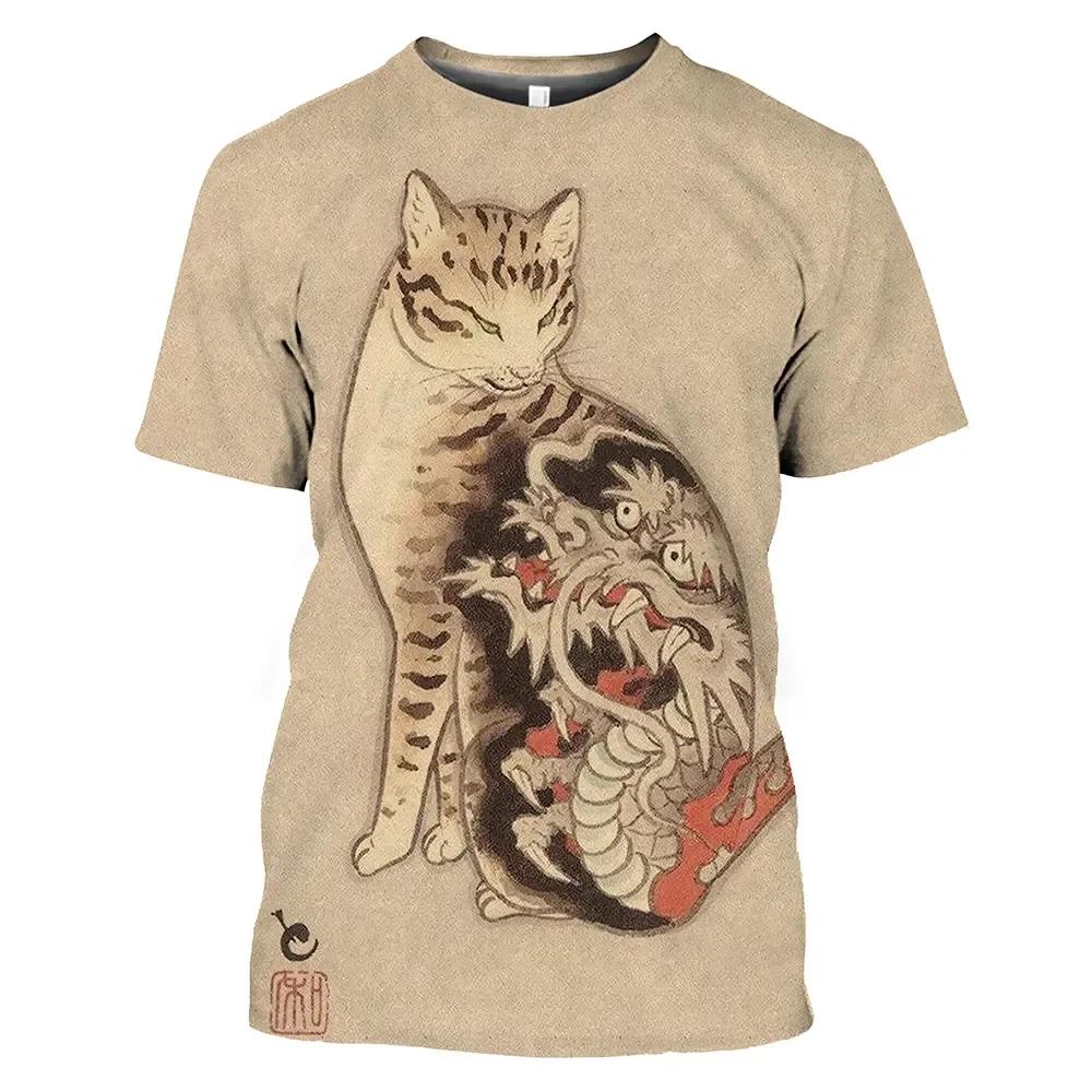 New Vintage T Shirt Men Japanese Style Short Sleeve Tops 3D Cat Tattoo Print O-neck T-shirts Oversized Tee Shirt Men Clothing