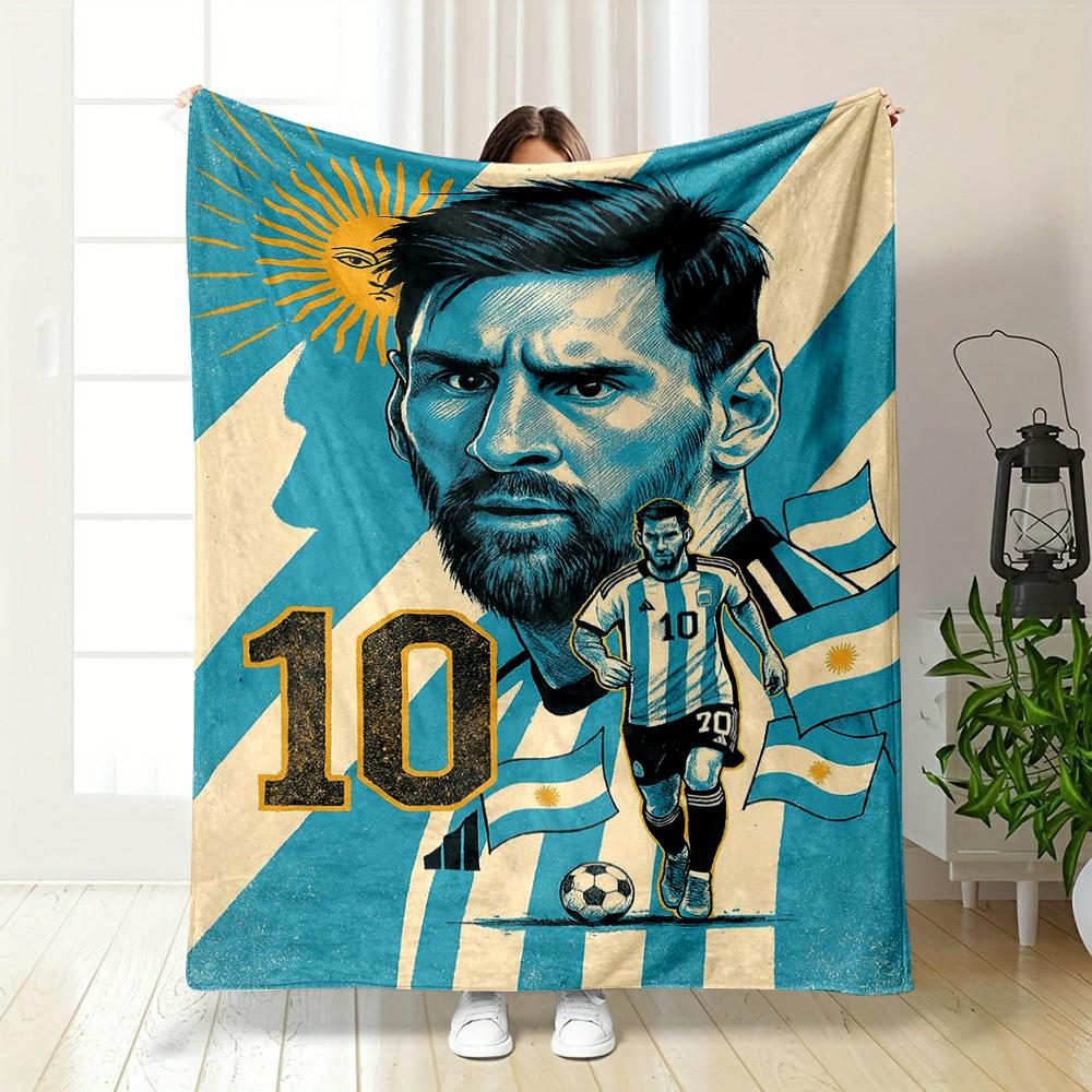Argentinian footballer artwork with flags. Flannel blanket for bedroom, living room, sofa, and nap.