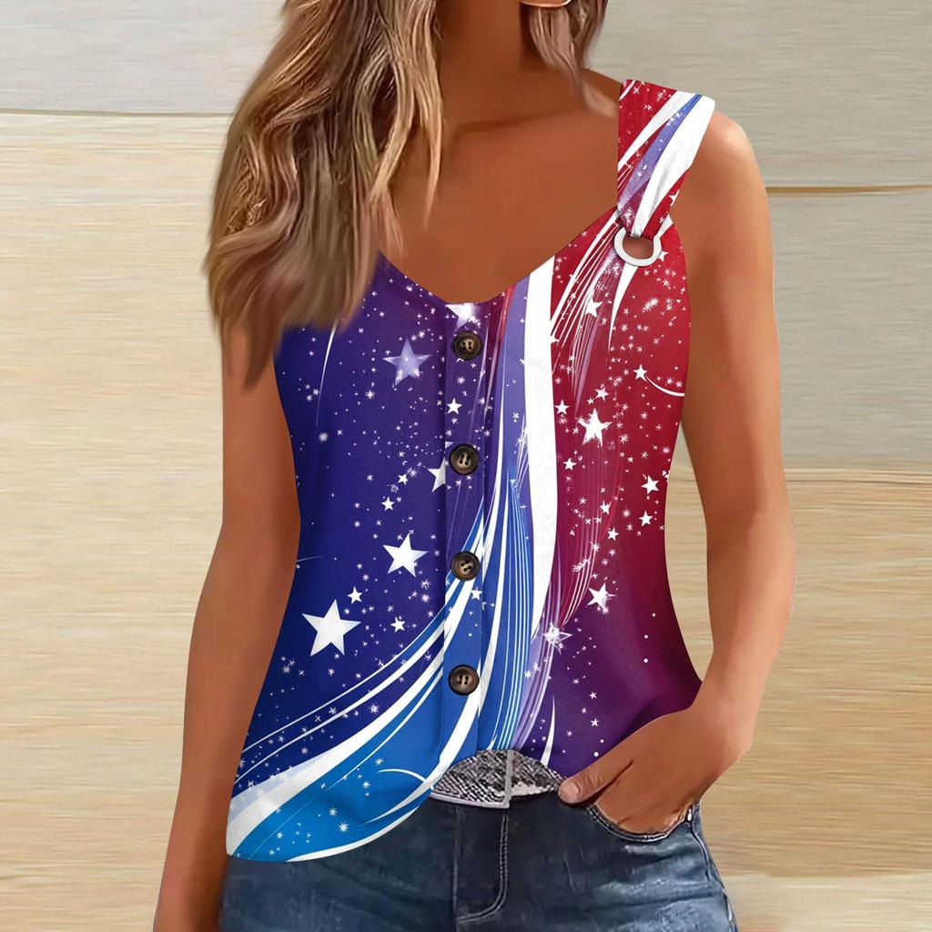 Women's Fashion Casual Loose Sleeveless Buttoned V-Neck Independence Day Printed T-Shirt Top