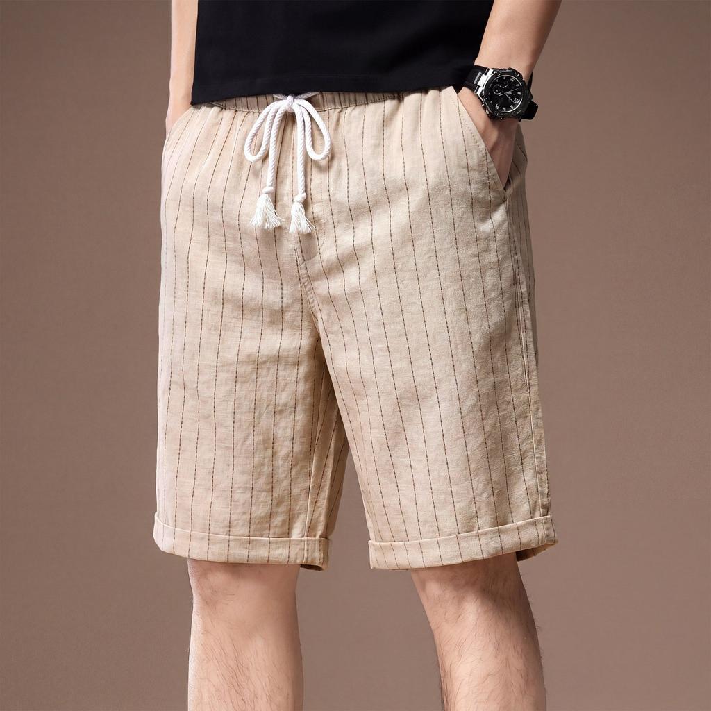 Hochwertige amerikanische Leinen atmungsaktive gestreifte lockere lässige Shorts Herren Sommer dünne Baumwolle und Leinen hautfreundlich trendige Fünf-Punkt-Hosen