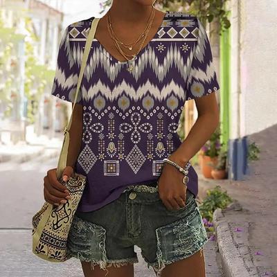 Women's T-shirt Floral Print Bohemian Fashion Short Sleeve Tops Female Summer Loose Pullover V-Neck Harajuku Streetwear Tees